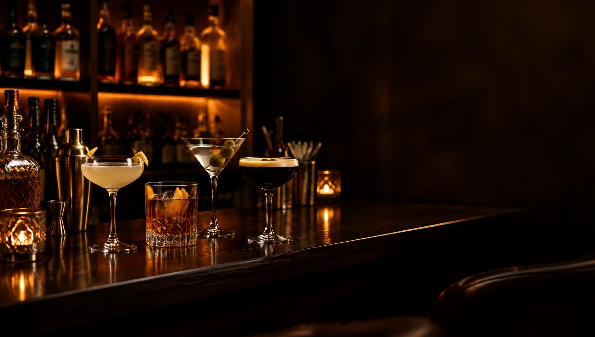 Moody dark bar scene with cocktail glasses and warm amber lighting
