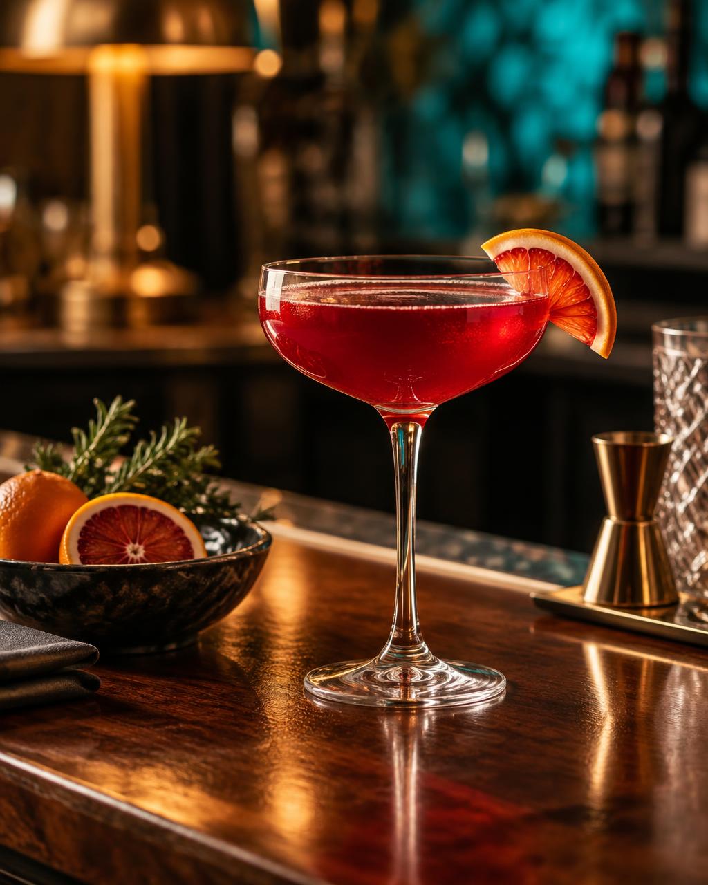 Ruby red cocktail with citrus garnish on a polished wooden bar