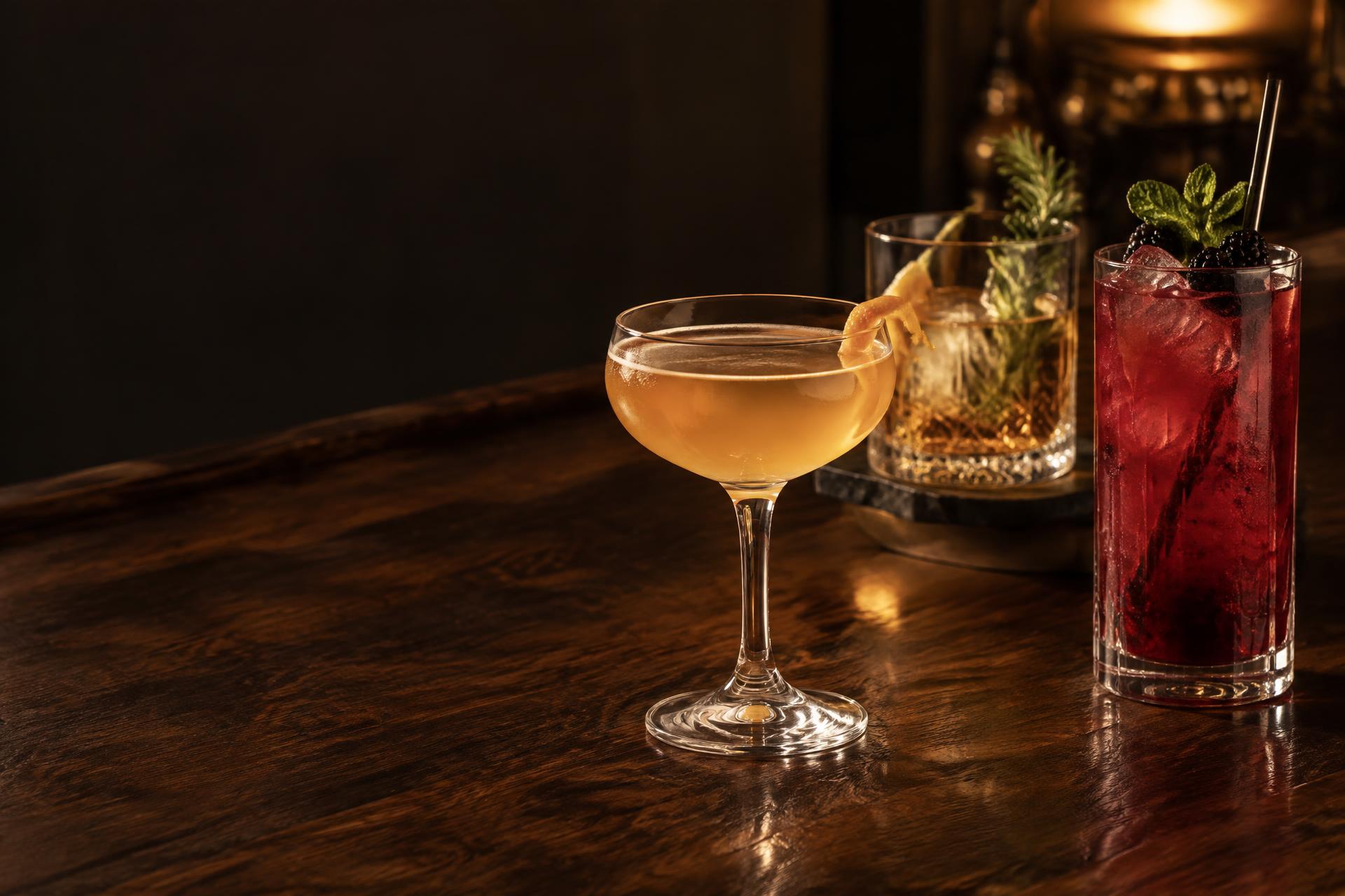 An amber cocktail, a berry drink, and a garnished glass on a warmly lit bar