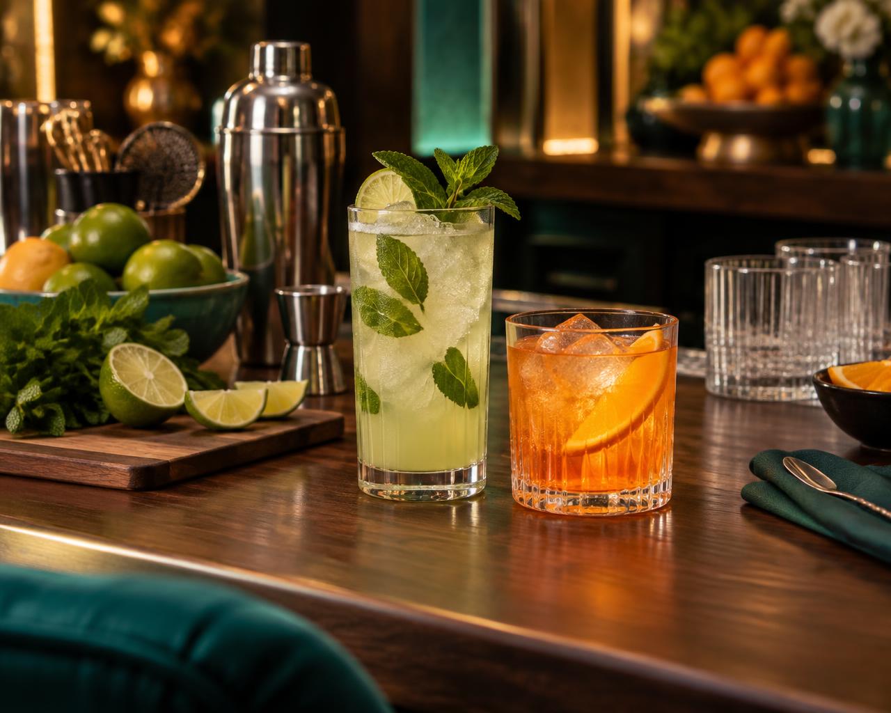 Two freshly garnished drinks with citrus and bar tools, ready for an event